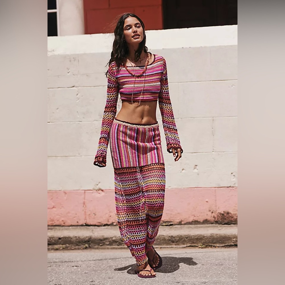 Free People Bali Sunrise Boho Crochet Knit Maxi Skirt and Long Sleeve Top Set - Picture 4 of 12